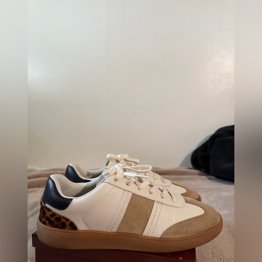 Zara White and Tan Sneakers with Black Leopard Heel